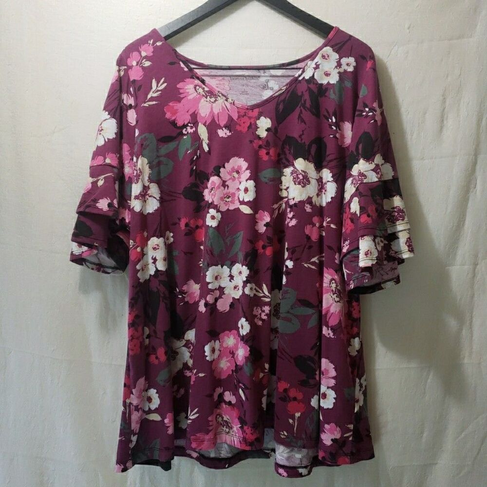 Woman Within Large 18/20 Purple Pink Floral Tiered Ruffle Sleeve V-Neck Top